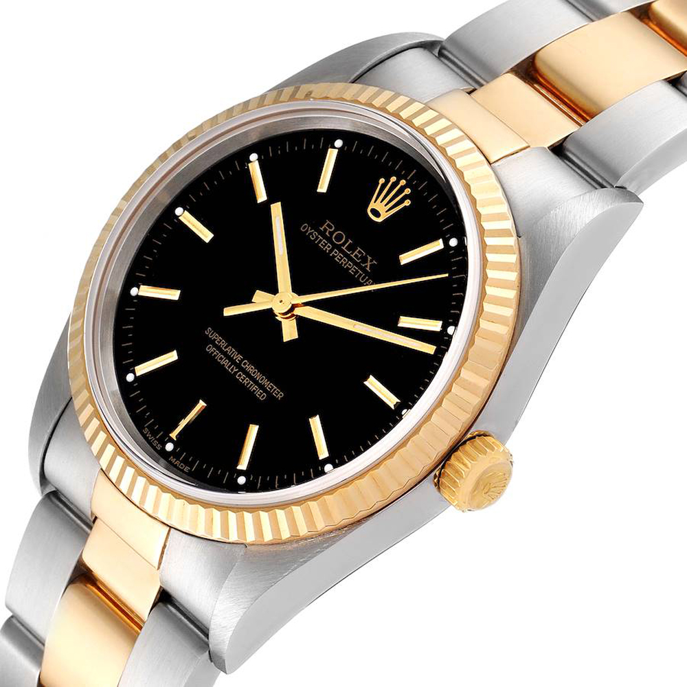 

Rolex Black 18K Yellow Gold And Stainless Steel Oyster Perpetual 14233 Men's Wristwatch 34 MM