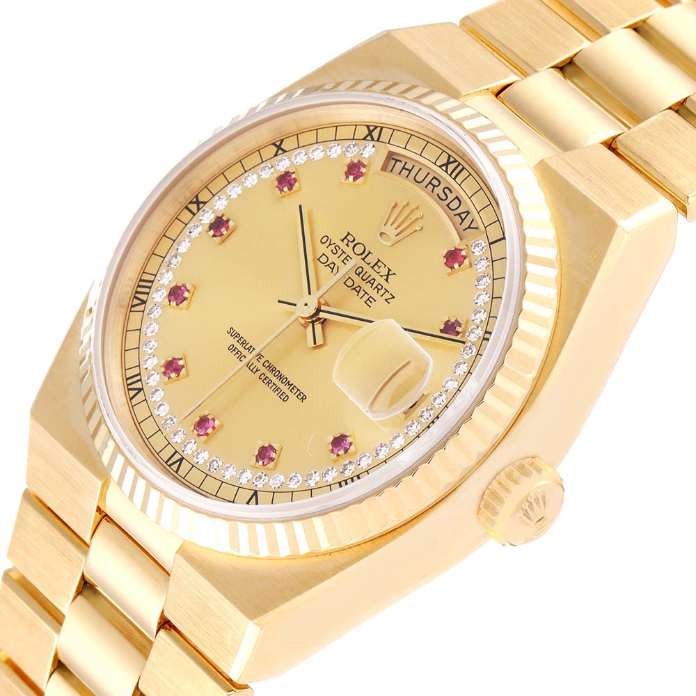 

Rolex Champagne Diamonds And Rubies 18K Yellow Gold Oysterquartz President Day-Date 19018 Men's Wristwatch 36 MM