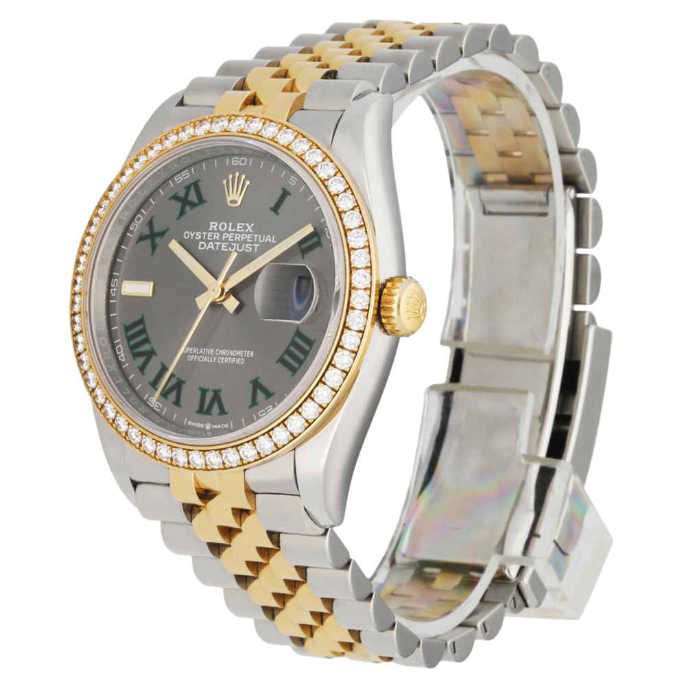 

Rolex Grey Diamonds 18k Yellow Gold And Stainless Steel Datejust Wimbledon 126283RBR Men's Wristwatch 36 MM