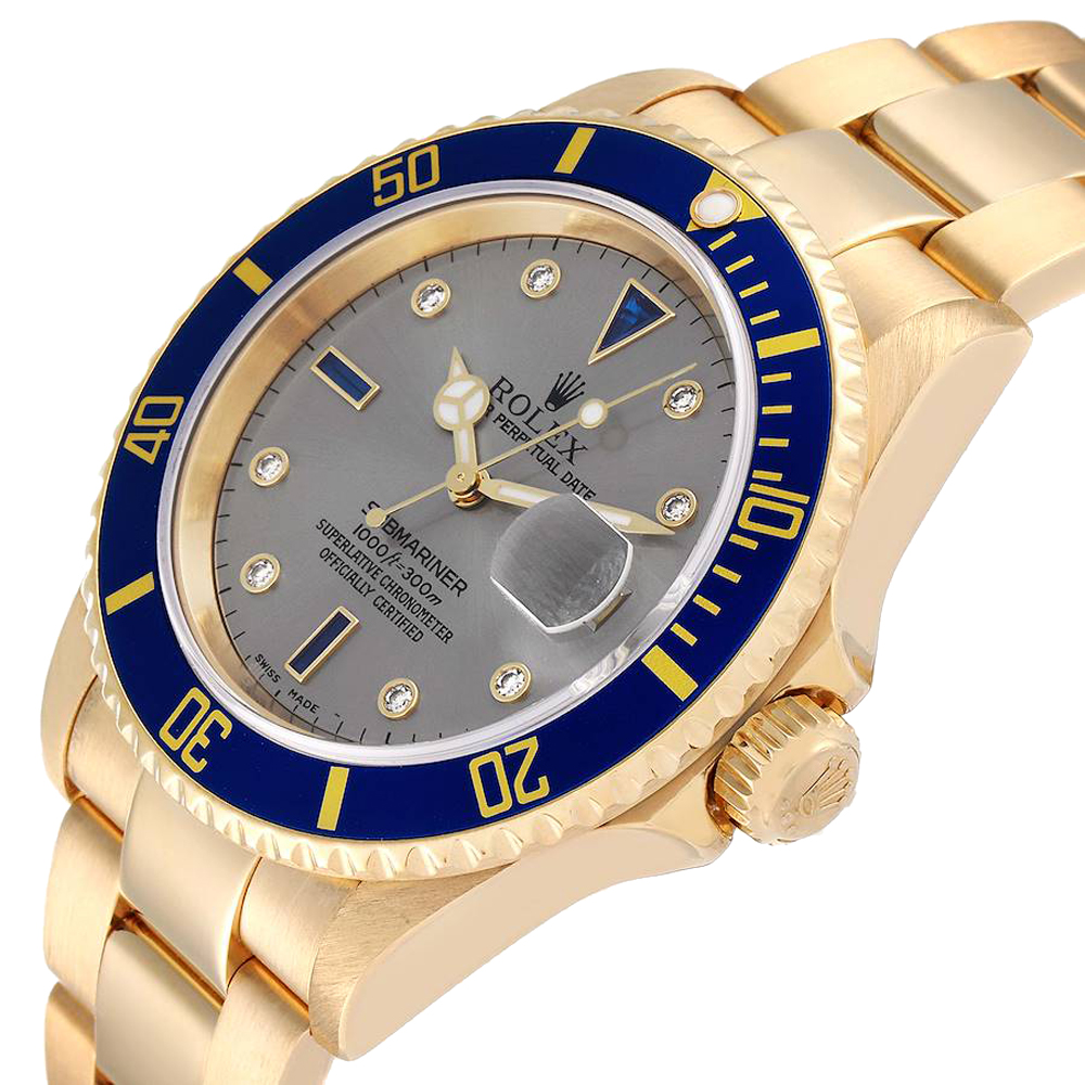 

Rolex Grey Diamonds 18k Yellow Gold Submariner 16618 Men's Wristwatch 40 MM