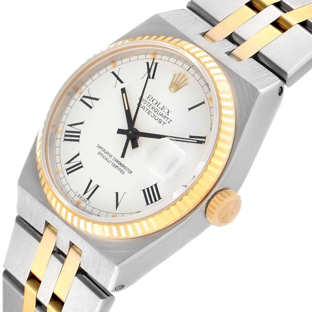 

Rolex White 18K Yellow Gold And Stainless Steel OysterQuartz Datejust 17013 Men's Wristwatch 36 MM