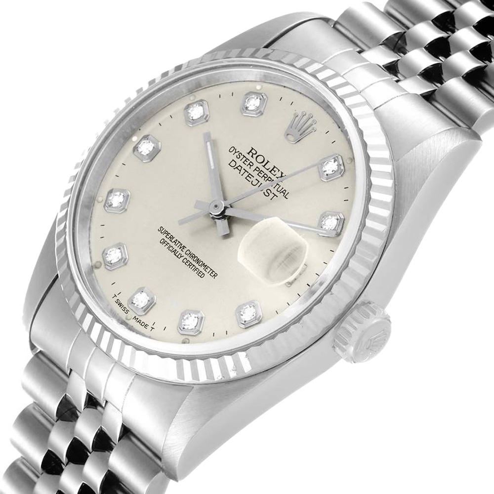 

Rolex Silver Diamonds 18K White Gold And Stainless Steel Datejust 16234 Automatic Men's Wristwatch 36 MM