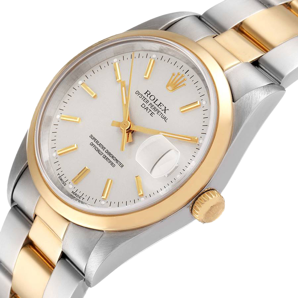 

Rolex Silver 18K Yellow Gold And Stainless Steel Oyster Perpetual Date 15203 Men's Wristwatch 34 MM