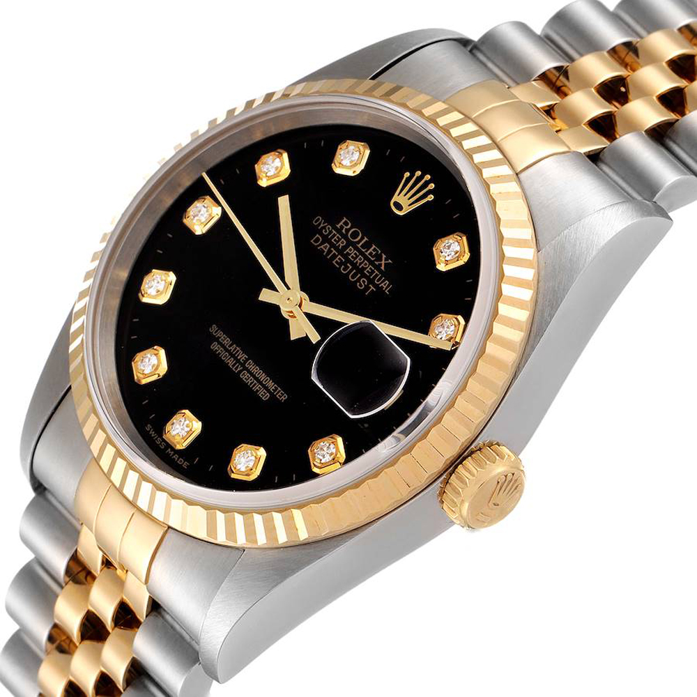 

Rolex Black 18K Yellow Gold And Stainless Steel Datejust 16233 Men's Wristwatch 36 MM