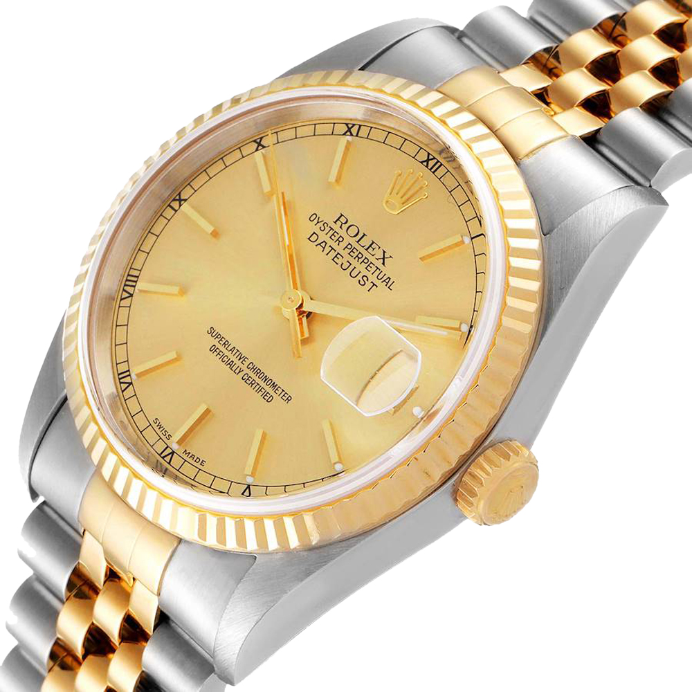 

Rolex Champagne 18k Yellow Gold And Stainless Steel Datejust 16233 Men's Wristwatch 36 MM