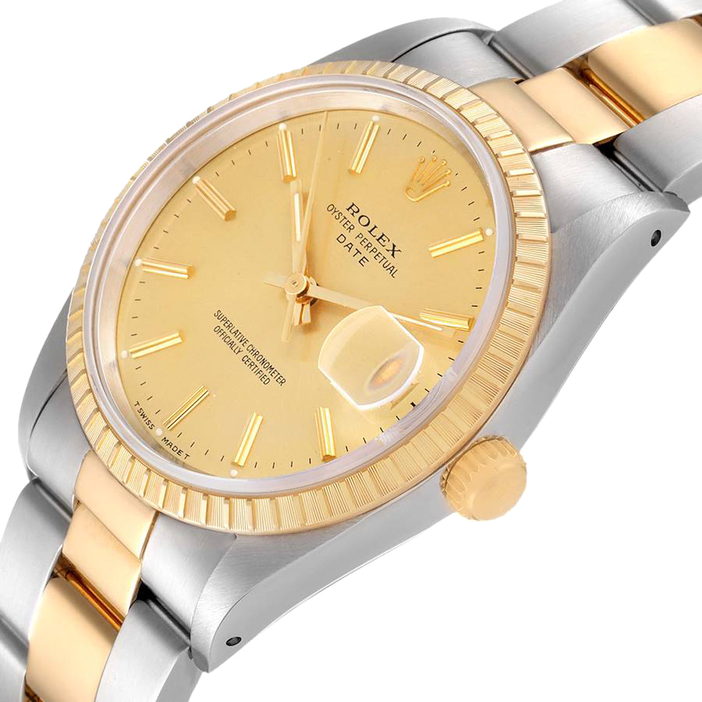 

Rolex Champagne 18k Yellow Gold And Stainless Steel Oyster Perpetual Date 15223 Men's Wristwatch 34 MM