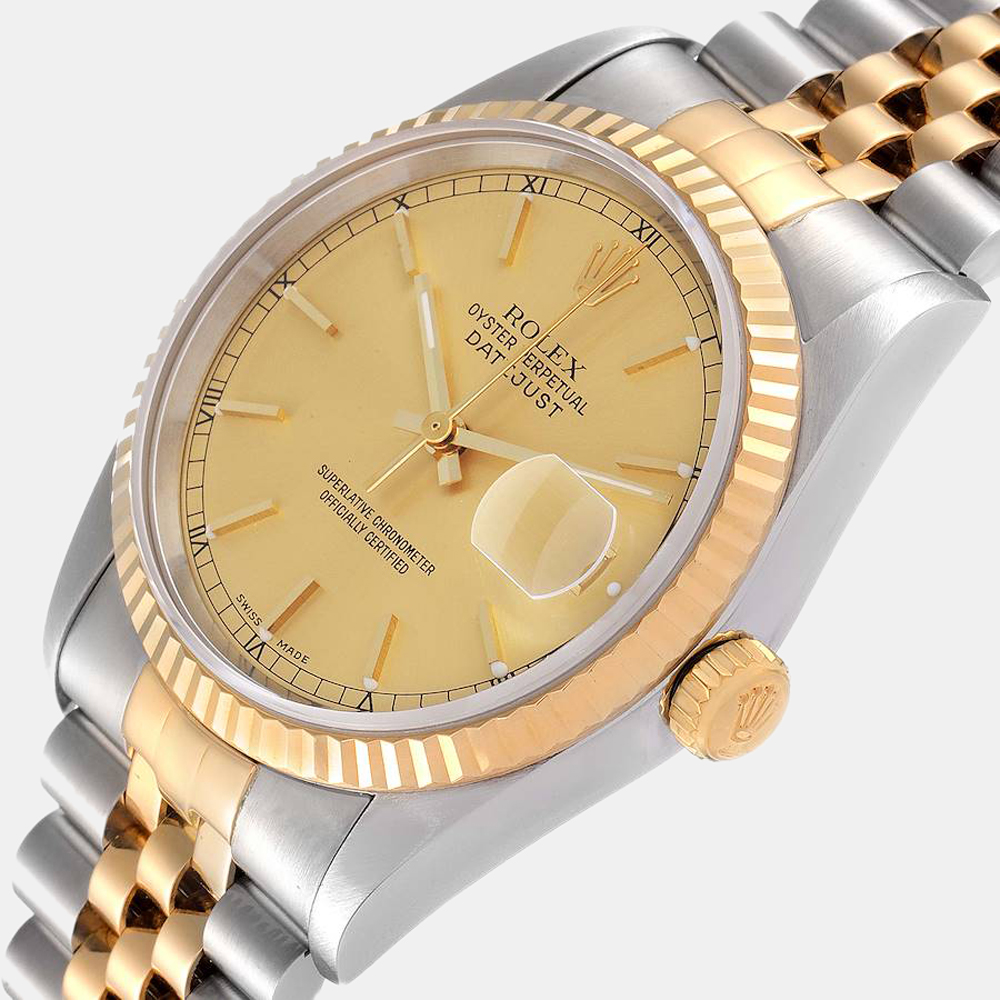 

Rolex Champagne 18k Yellow Gold And Stainless Steel Datejust 16233 Men's Wristwatch 36 mm