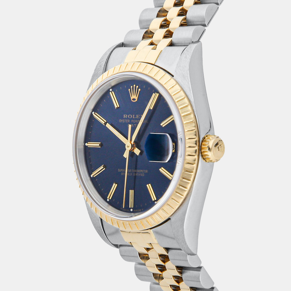 

Rolex Blue 18K Yellow Gold And Stainless Steel Oyster Perpetual Date 15223 Men's Wristwatch 34 MM