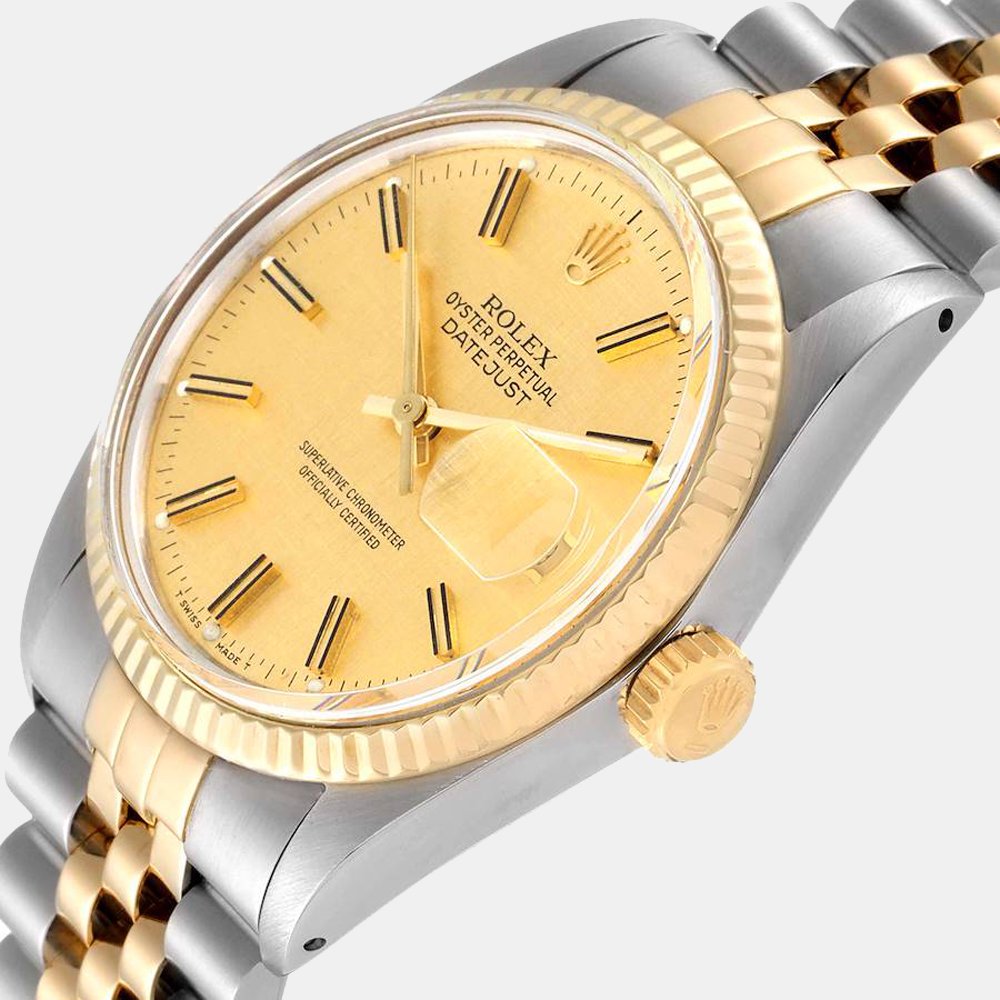 

Rolex Champagne Linen 18k Yellow Gold And Stainless Steel Datejust 16013 Vintage Men's Wristwatch 36 MM