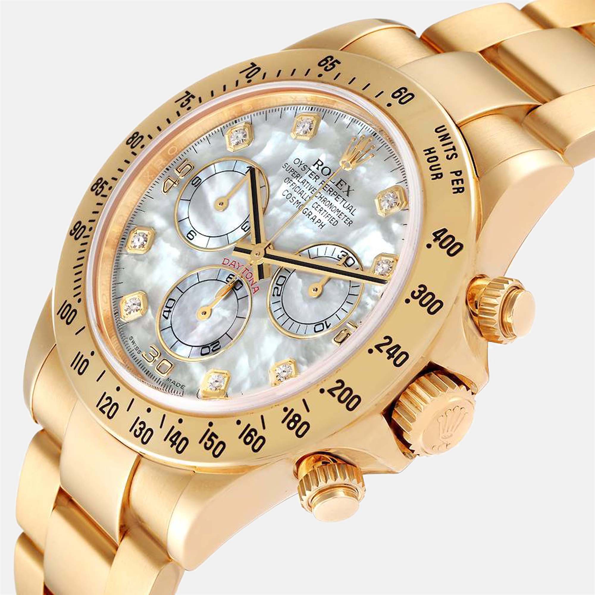 

Rolex MOP Diamonds 18K Yellow Gold Cosmograph Daytona 116528 Automatic Men's Wristwatch 40 mm, White