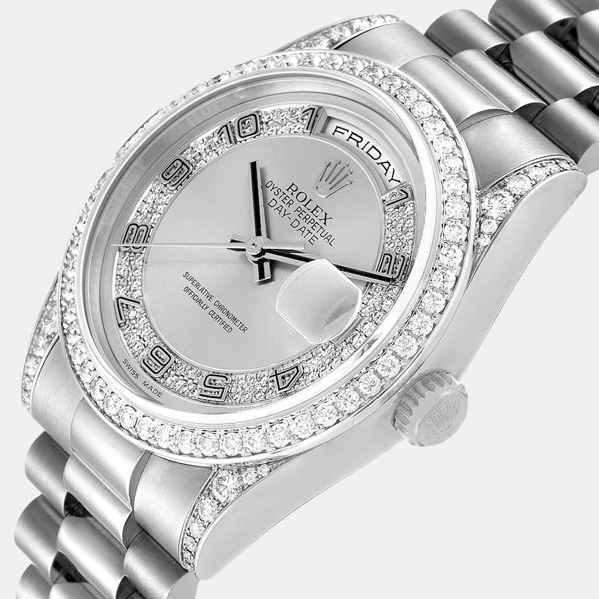 

Rolex Silver Diamonds 18k White Gold President Datejust 118389 Men's Wristwatch 36 mm