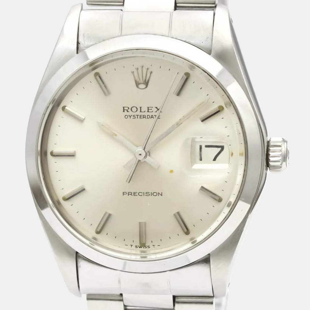 

Rolex Silver Stainless Steel Oyster Date Precision 6694 Vintage Hand Winding Men's Wristwatch 35 MM