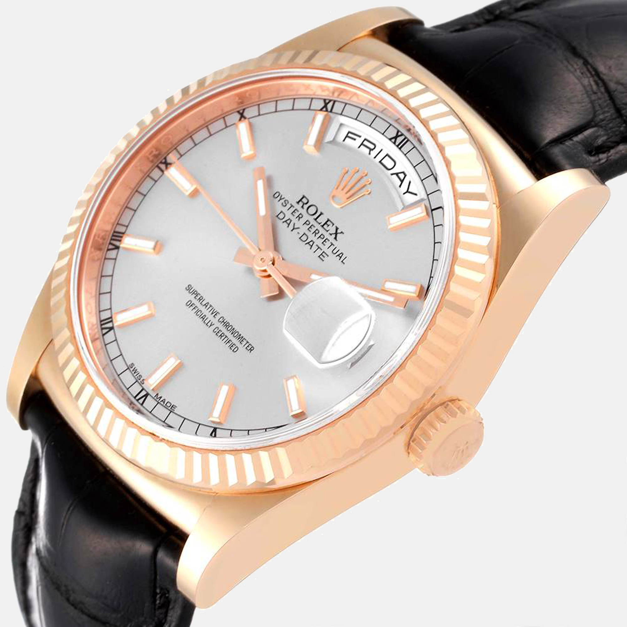

Rolex Silver 18k Rose Gold Day - Date President 118135 Automatic Men's Wristwatch 36 mm