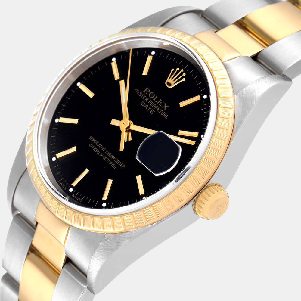 

Rolex Black 18K Yellow Gold And Stainless Steel Oyster Perpetual 15223 Men's Wristwatch 34 mm