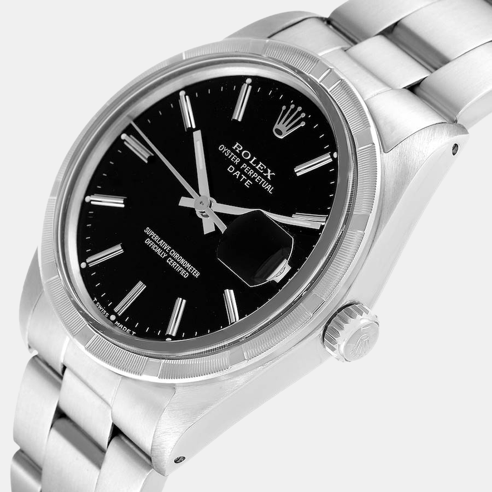 

Rolex Black Stainless Steel Oyster Perpetual Date Vintage 15010 Men's Wristwatch 34 mm