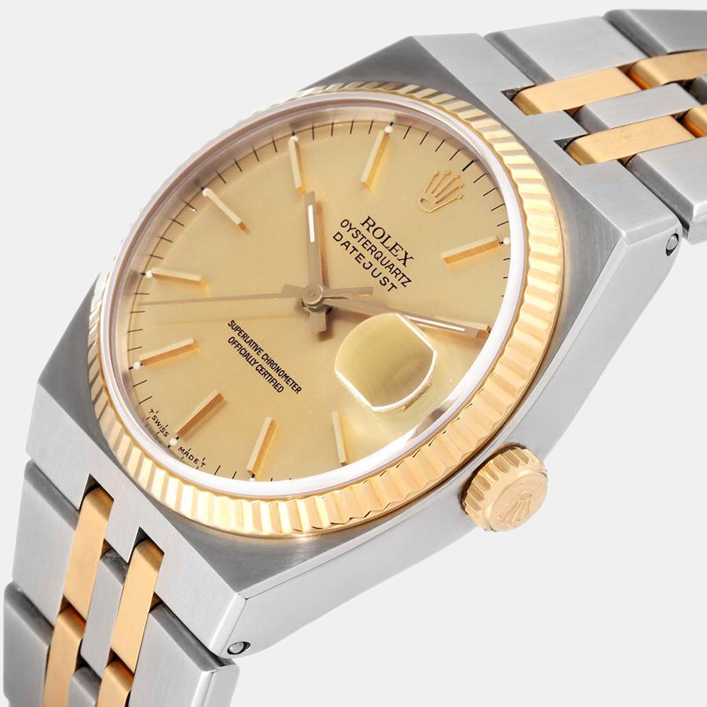 

Rolex Champagne 18k Yellow Gold And Stainless Steel Oysterquartz Datejust 17013 Men's Wristwatch 36 mm