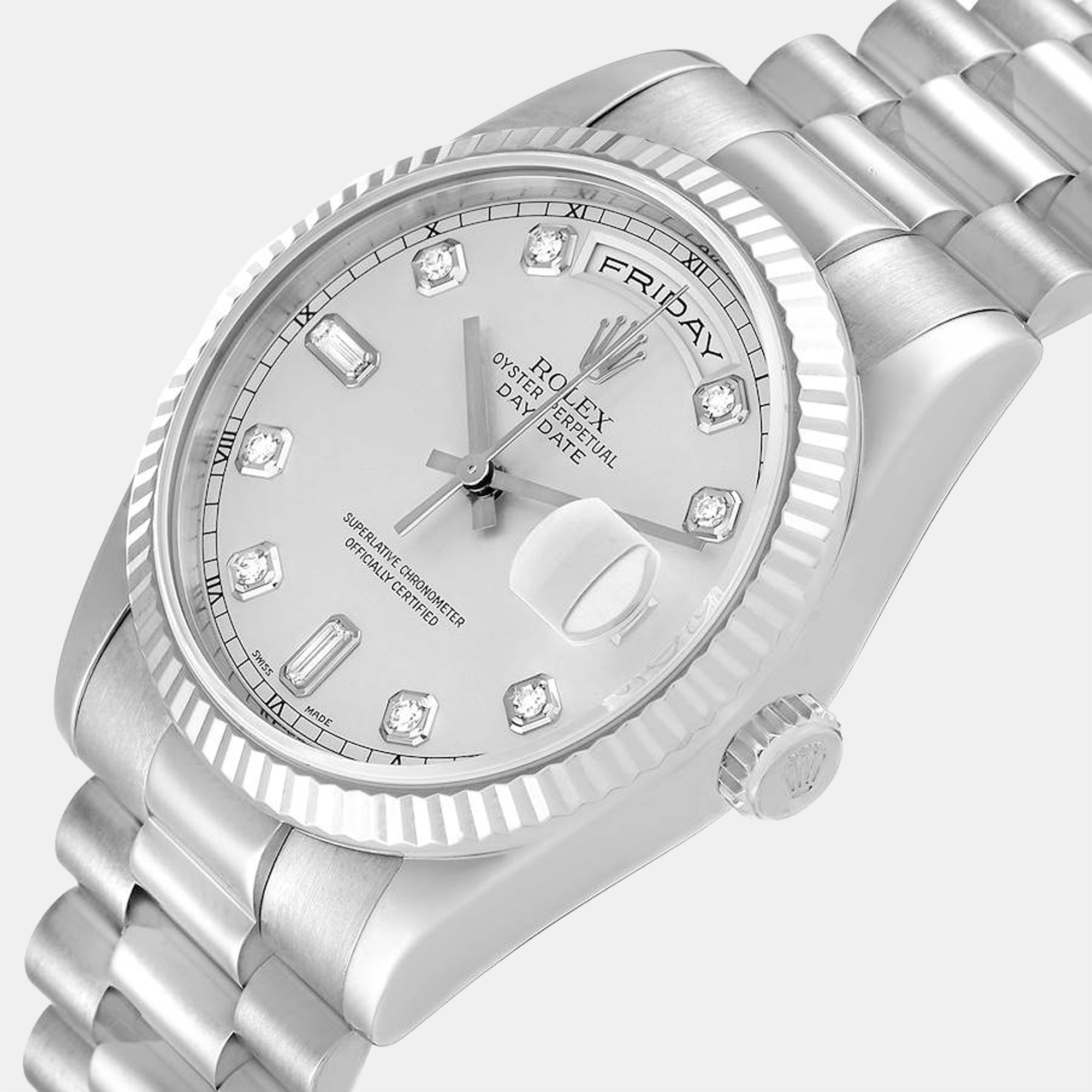 

Rolex Silver Diamonds 18k White Gold Day - Date President 118239 Automatic Men's Wristwatch 36 mm