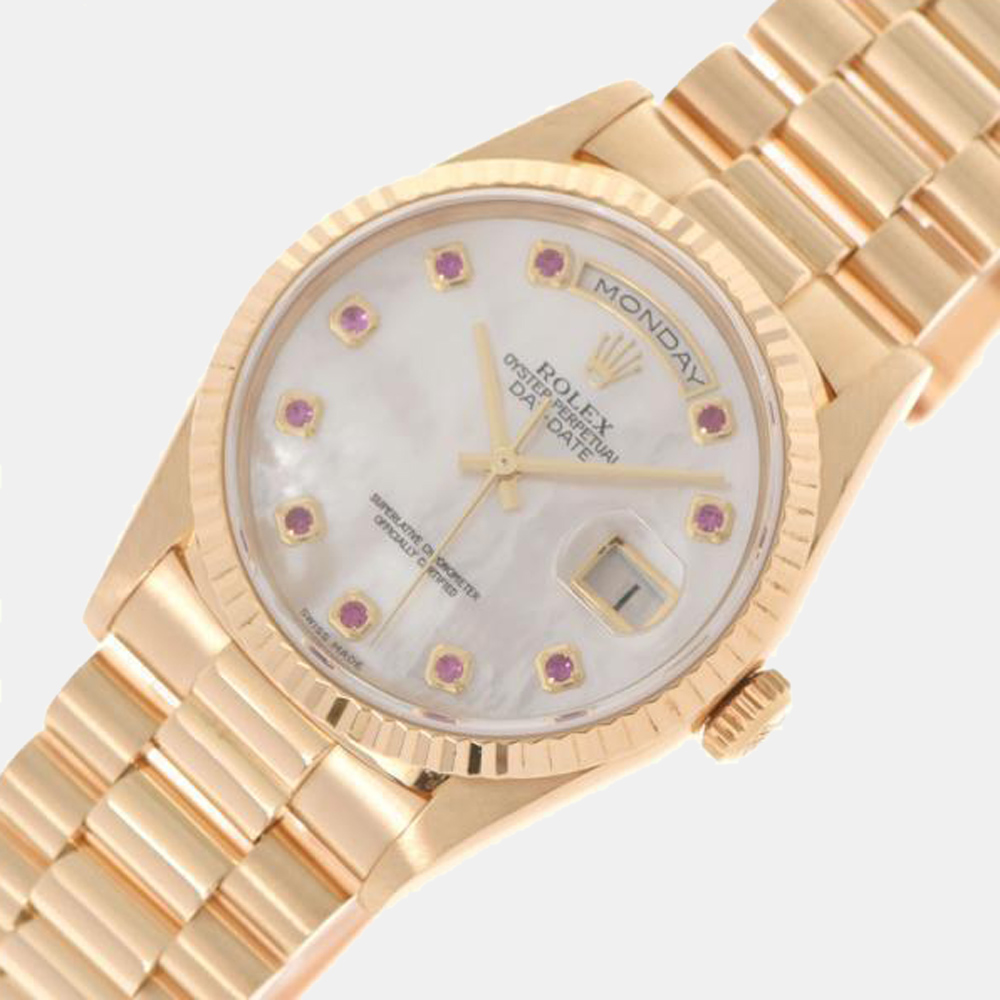 

Rolex MOP Ruby 18K Yellow Gold Day Date 18238 Men's Wristwatch 36 mm, White