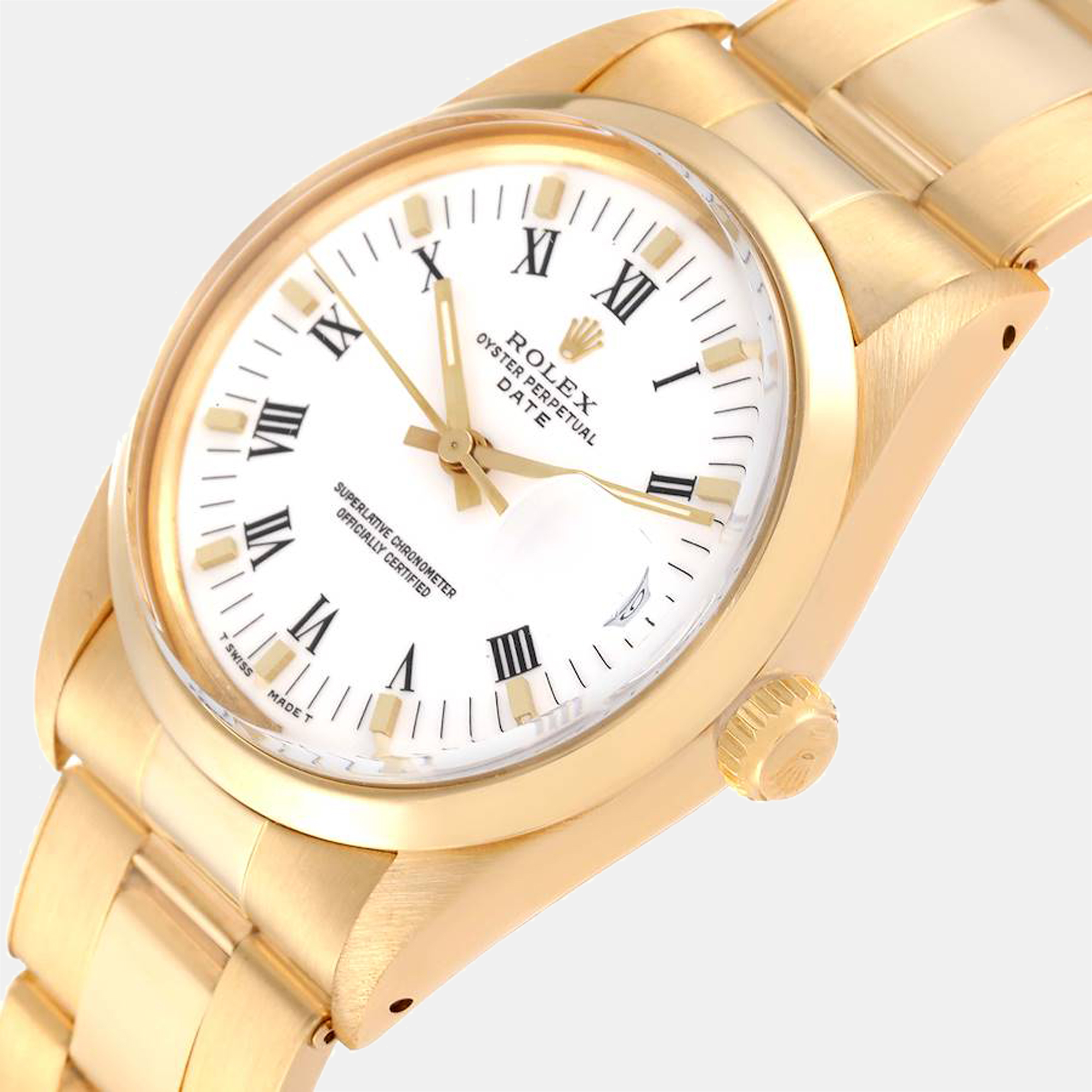 

Rolex White 18K Yellow Gold Oyster Perpetual Date 15008 Automatic Men's Wristwatch 34 mm