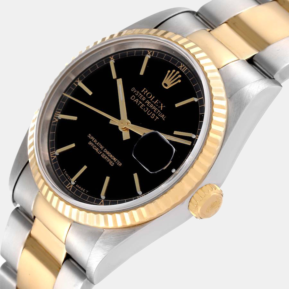 

Rolex Black 18k Yellow Gold And Stainless Steel Datejust 16233 Automatic Men's Wristwatch 36 mm