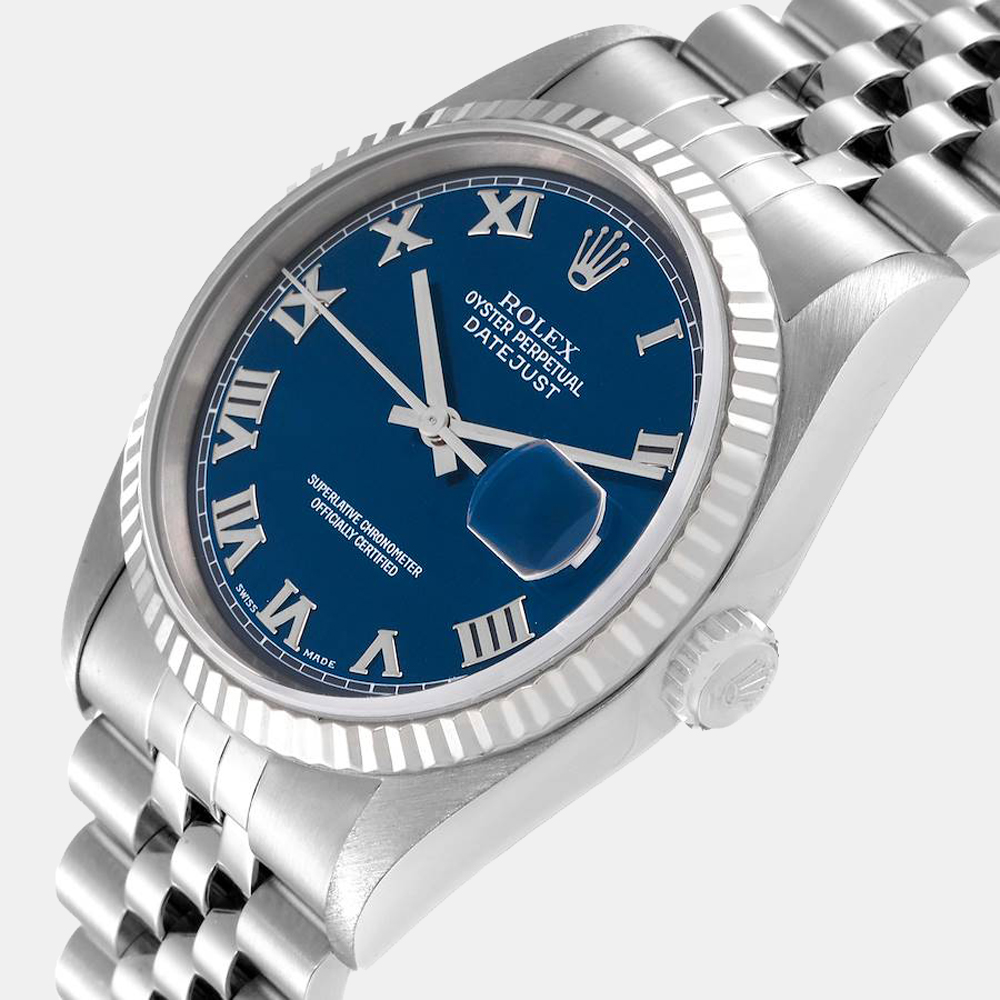 

Rolex Blue 18k White Gold And Stainless Steel Datejust 16234 Automatic Men's Wristwatch 36 mm