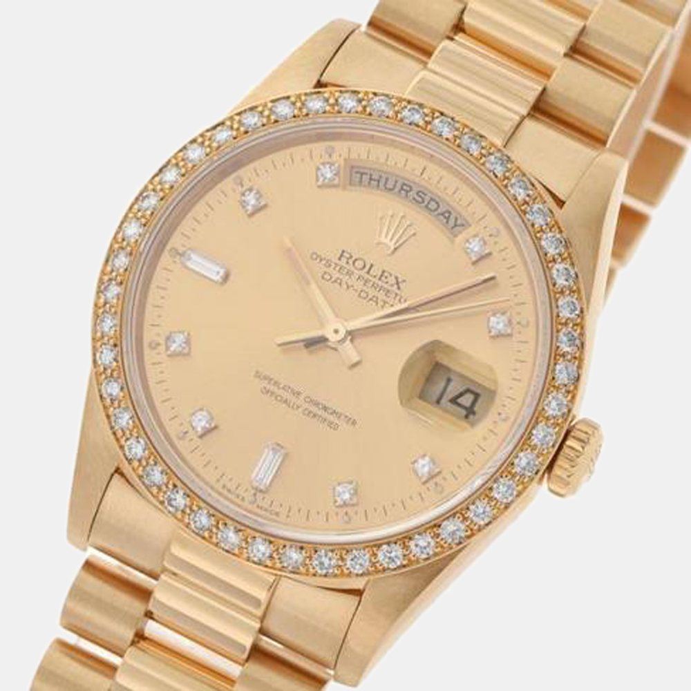 

Rolex Champagne Diamond 18K Yellow Gold Day Date President 18348A Automatic Men's Wristwatch 36 mm