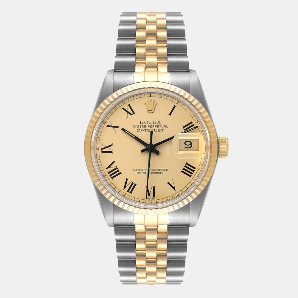 Pre-owned Rolex Champagne 18k Yellow Gold And Stainless Steel Datejust 16013 Automatic Men's Wristwatch 36 Mm