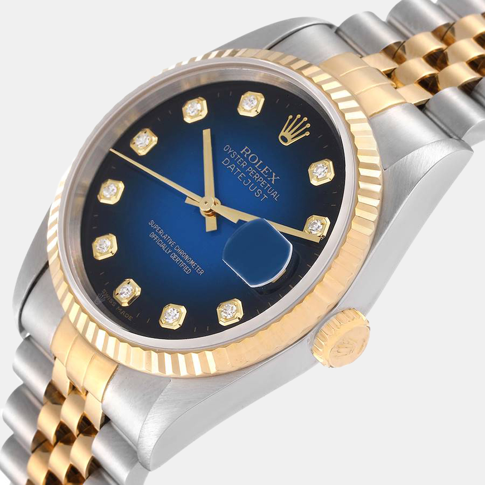 

Rolex Blue Diamond 18k Yellow Gold And Stainless Steel Datejust 16233 Automatic Men's Wristwatch 36 mm