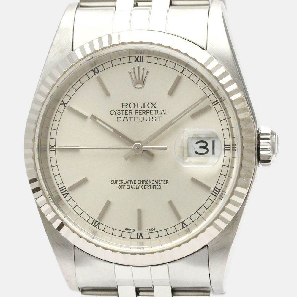 

Rolex Silver 18K White Gold Stainless Steel Datejust 16234 Automatic Men's Wristwatch 35 mm