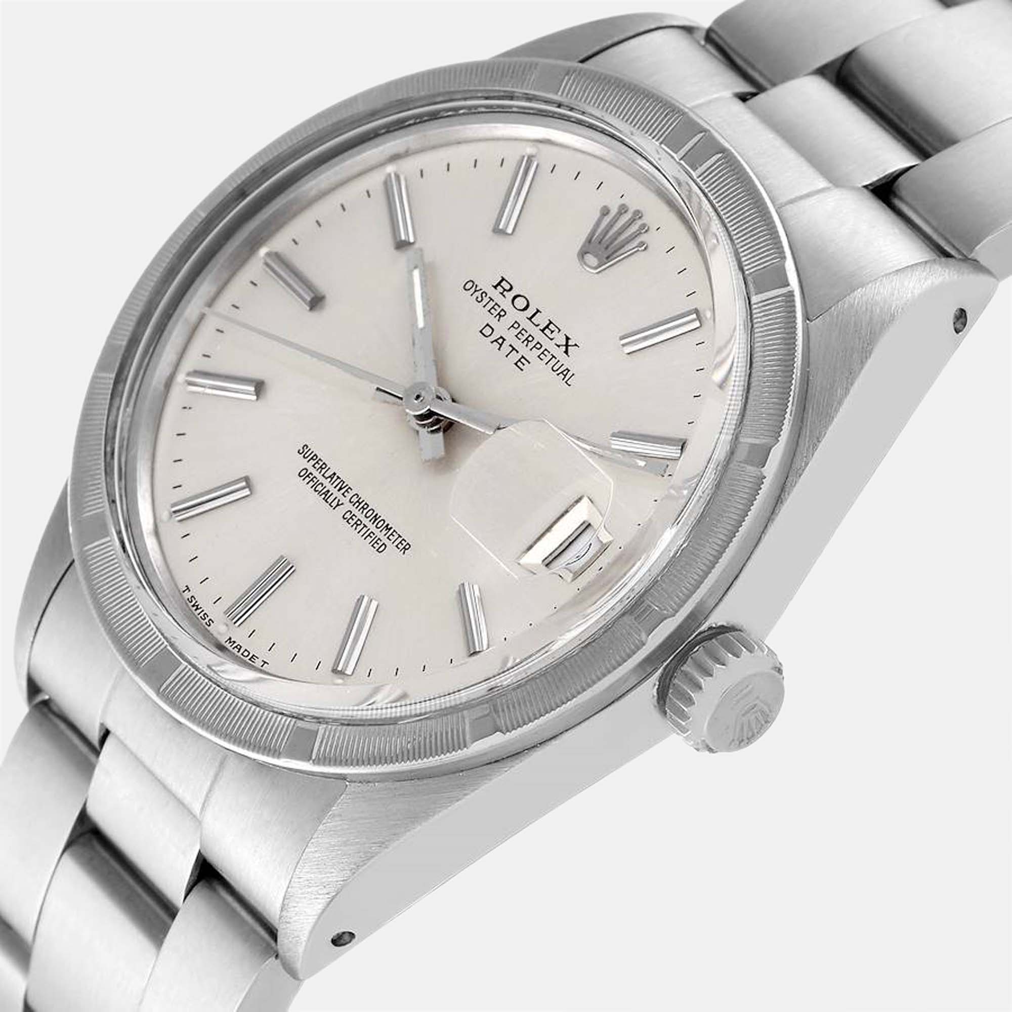 

Rolex Silver Stainless Steel Oyster Perpetual Date 15010 Men's Wristwatch 34 mm