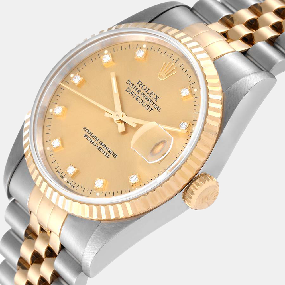 

Rolex Champagne Diamond 18k Yellow Gold And Stainless Steel Datejust 16233 Automatic Men's Wristwatch 36 mm