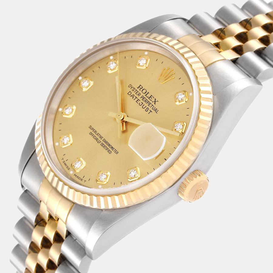 

Rolex Champagne Diamond 18k Yellow Gold And Stainless Steel Datejust 16233 Automatic Men's Wristwatch 36 mm