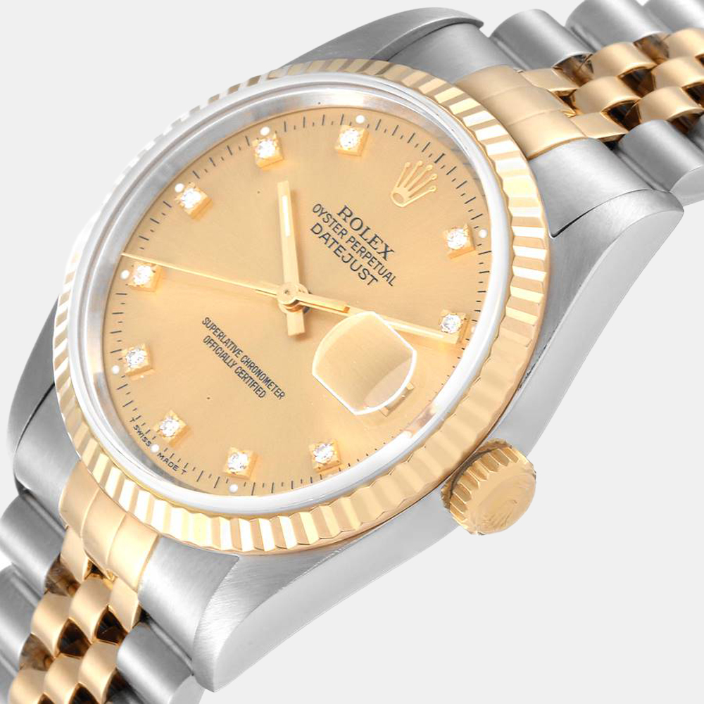 

Rolex Champagne Diamond 18k Yellow Gold And Stainless Steel Datejust 16233 Automatic Men's Wristwatch 36 mm