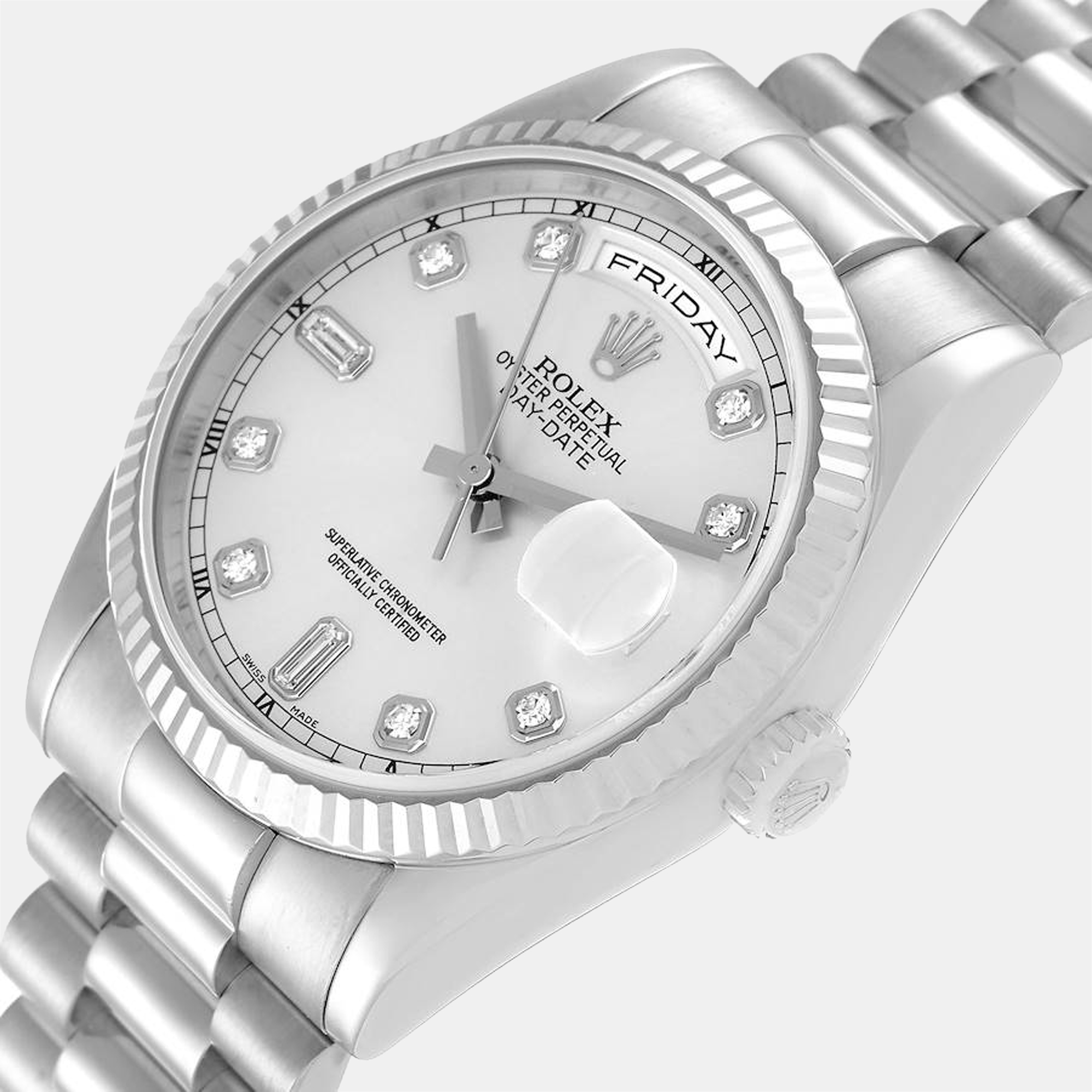 

Rolex Silver Diamonds 18k White Gold Day - Date President 118239 Automatic Men's Wristwatch 36 mm