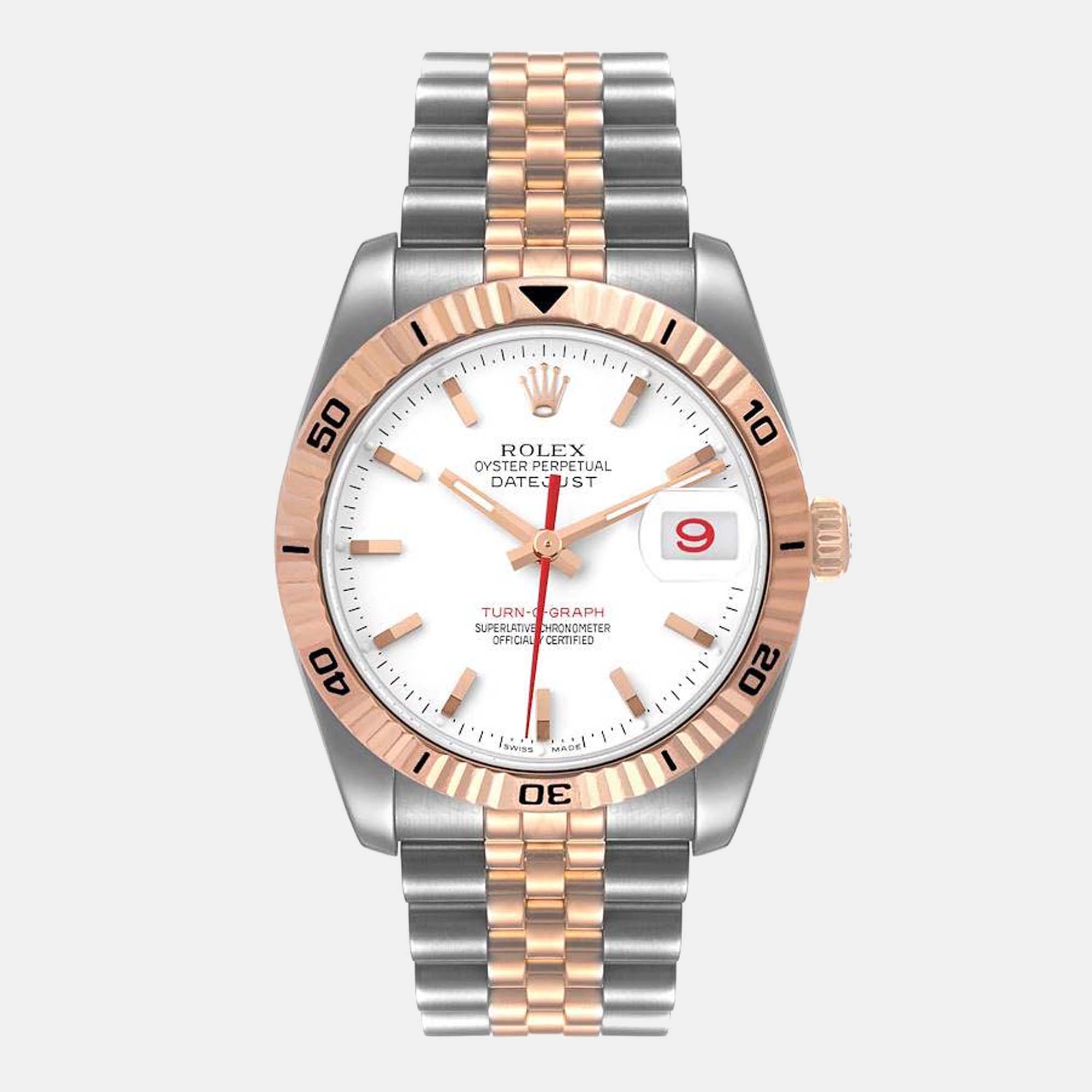 Pre-owned Rolex White 18k Rose Gold And Stainless Steel Datejust Turnograph 116261 Automatic Men's Wristwatch 36 Mm