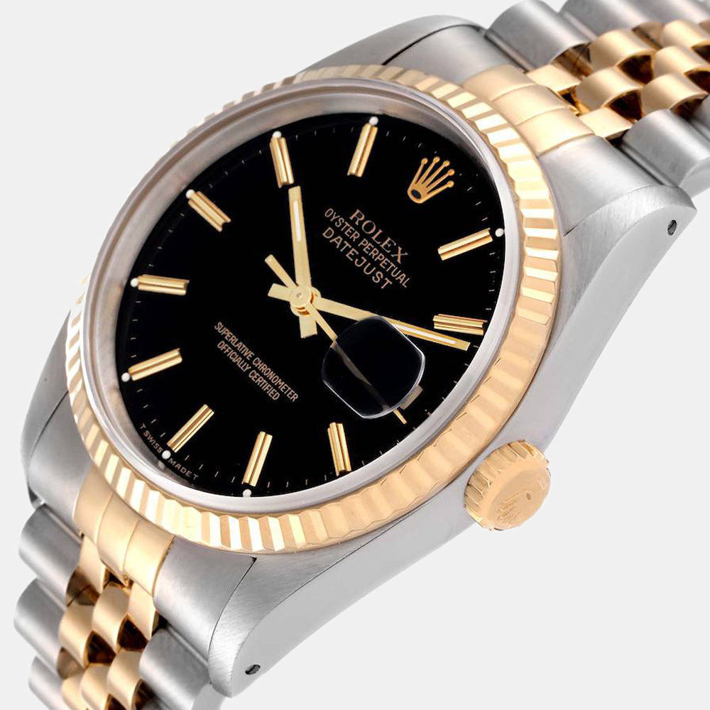 

Rolex Black 18k Yellow Gold And Stainless Steel Datejust 16233 Automatic Men's Wristwatch 36 mm