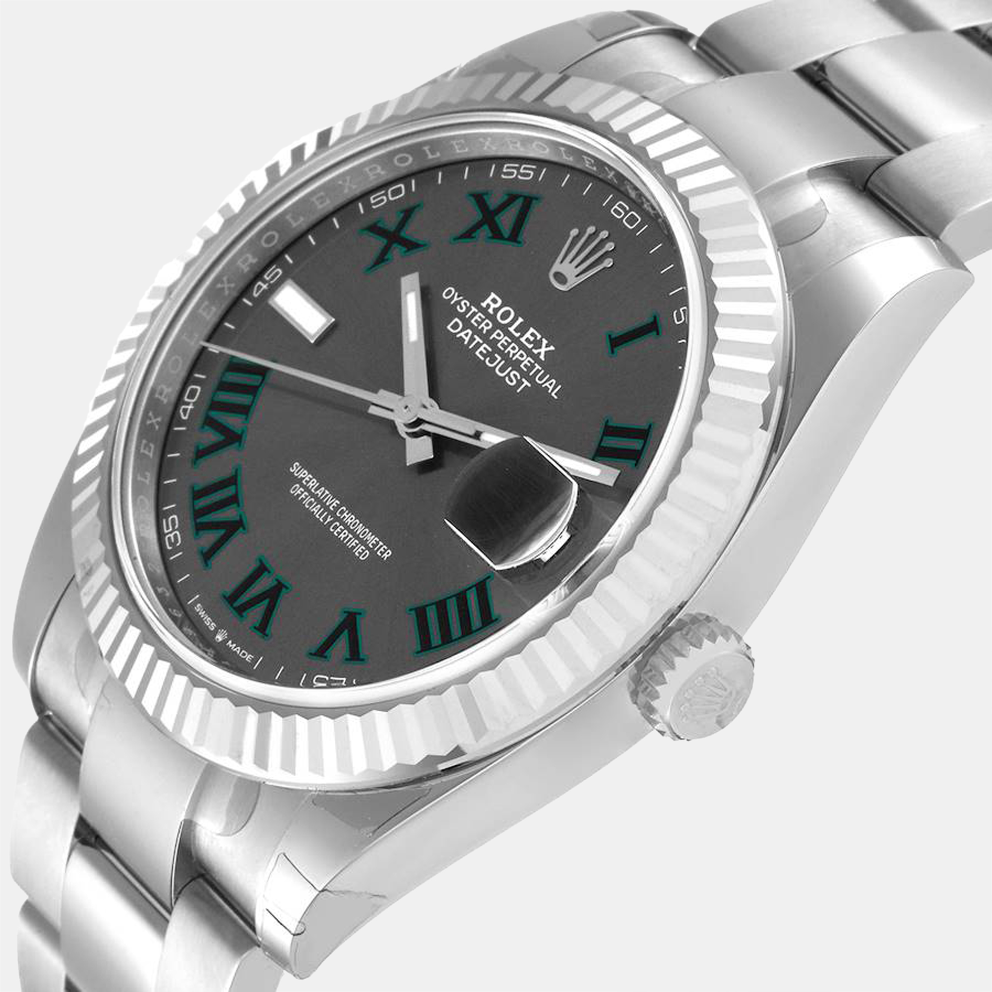 

Rolex Grey Diamonds 18k White Gold And Stainless Steel Datejust Wimbledon 126334 Men's Wristwatch 41 mm