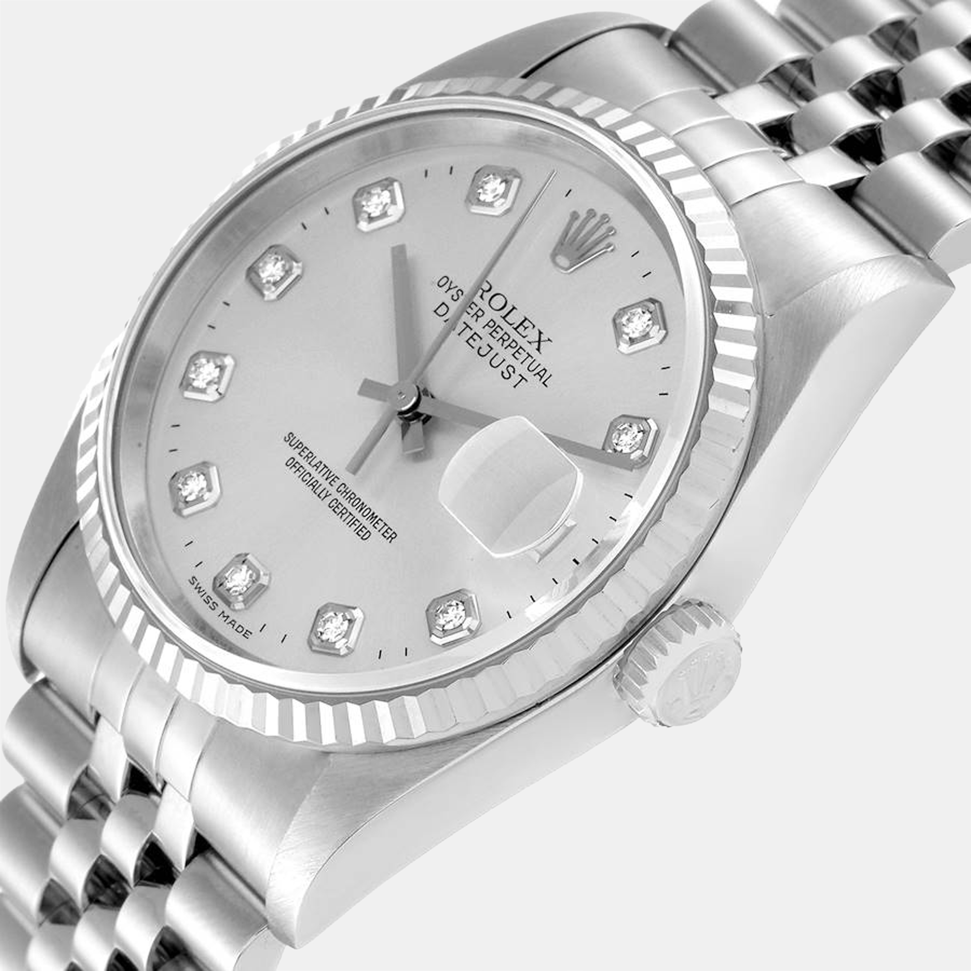 

Rolex Silver Diamonds Stainless Steel Datejust 16234 Men's Wristwatch 36 mm