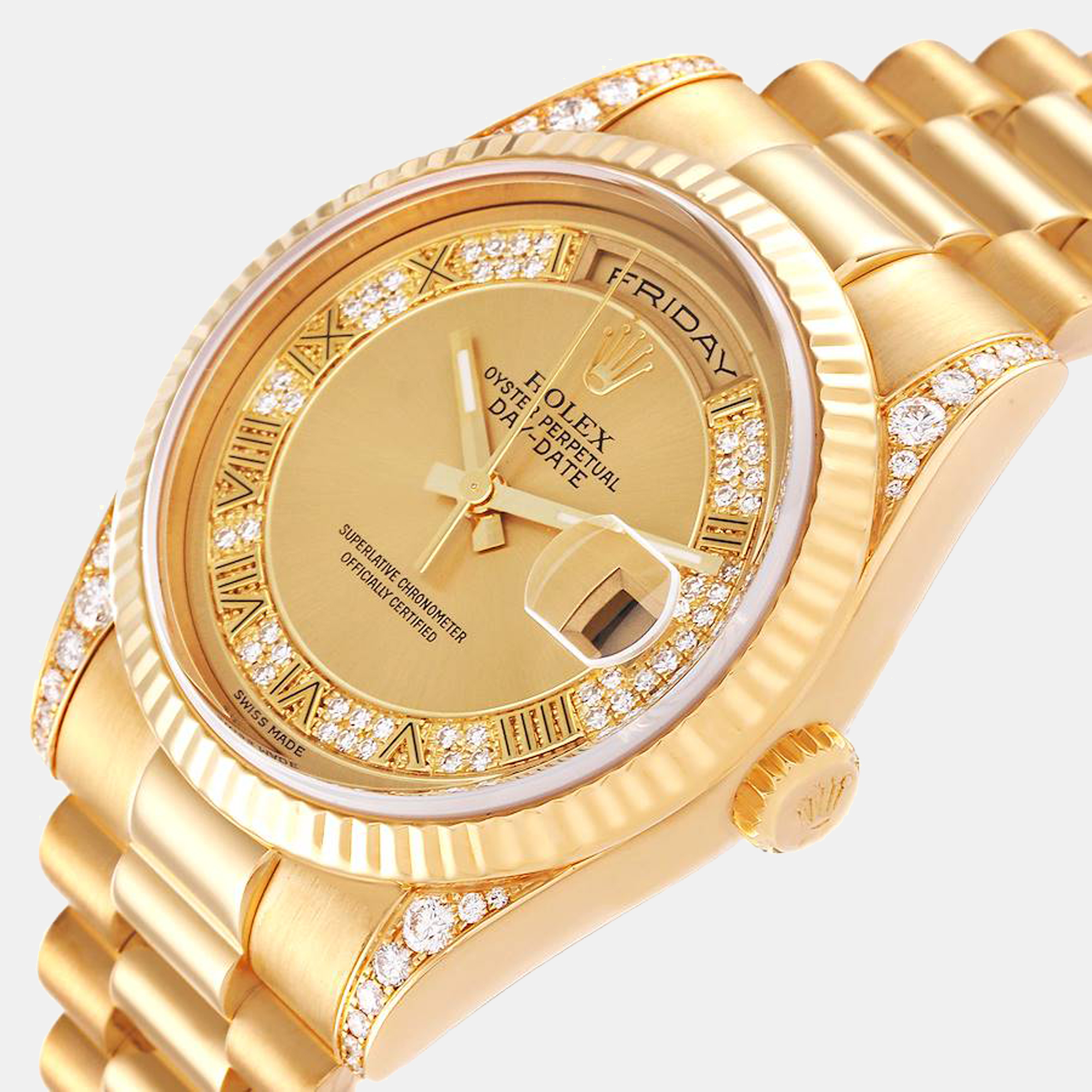 

Rolex Champagne Diamonds 18K Yellow Gold Day - Date President 118338 Men's Wristwatch 36 mm