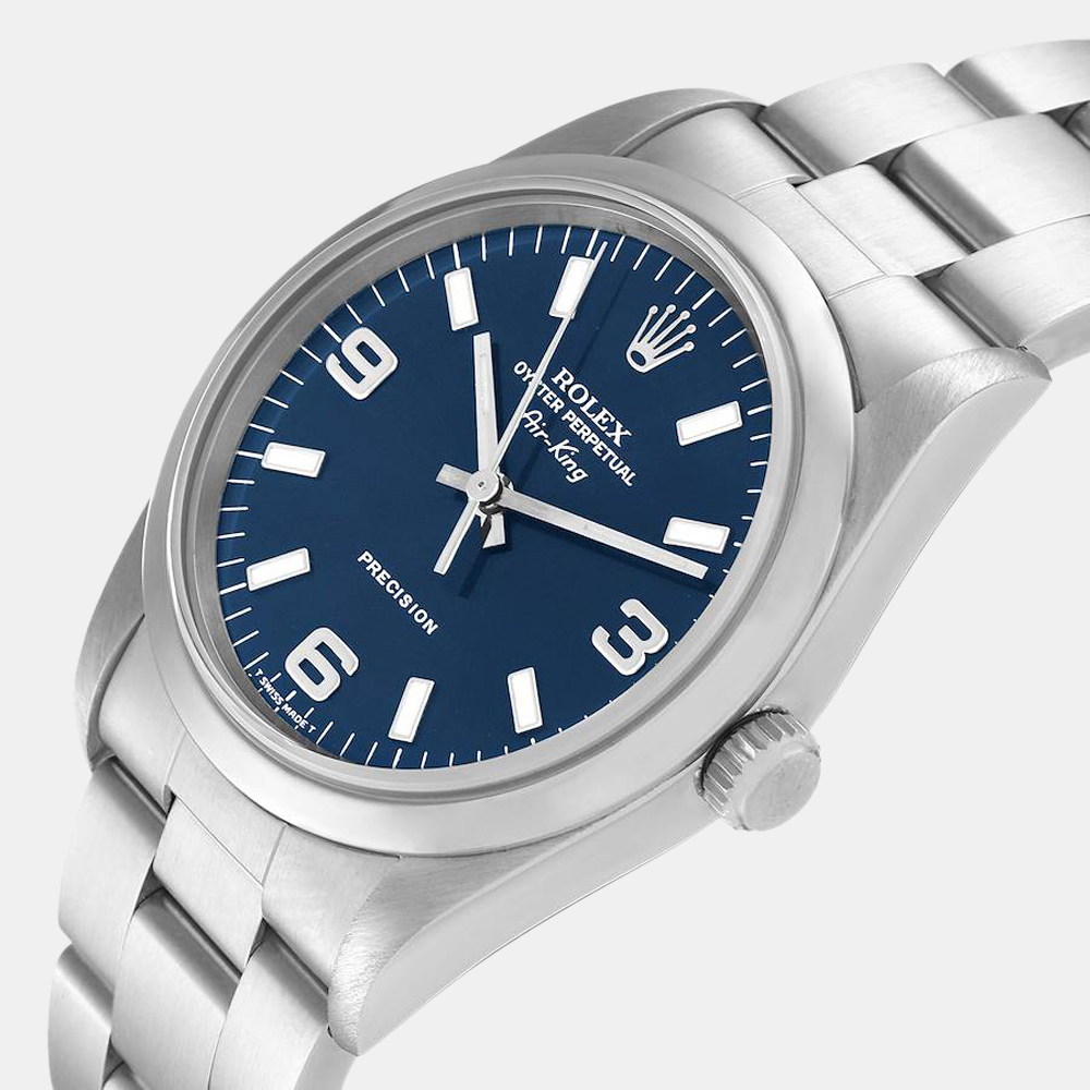 

Rolex Blue Stainless Steel Air-King 14000 Automatic Men's Wristwatch 34 mm