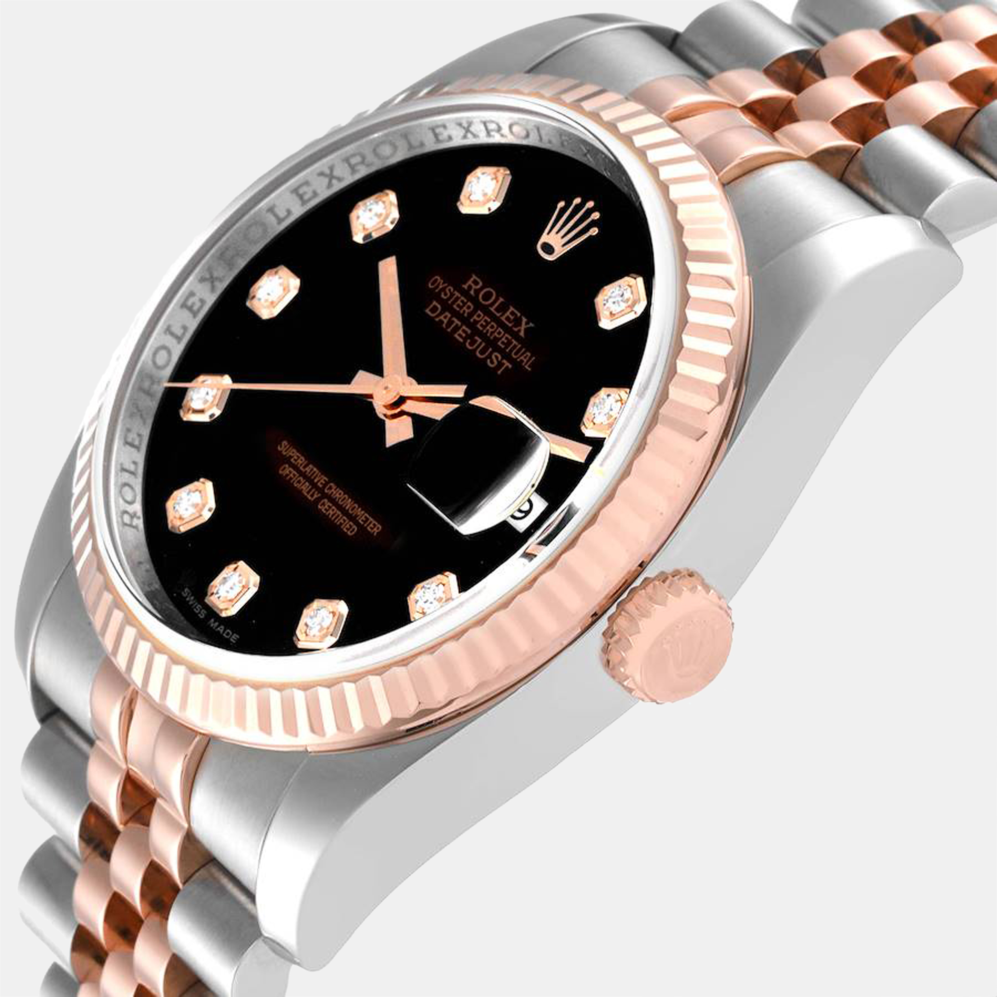 

Rolex Black Diamonds 18K Rose Gold And Stainless Steel Datejust 116231 Automatic Men's Wristwatch 36 mm