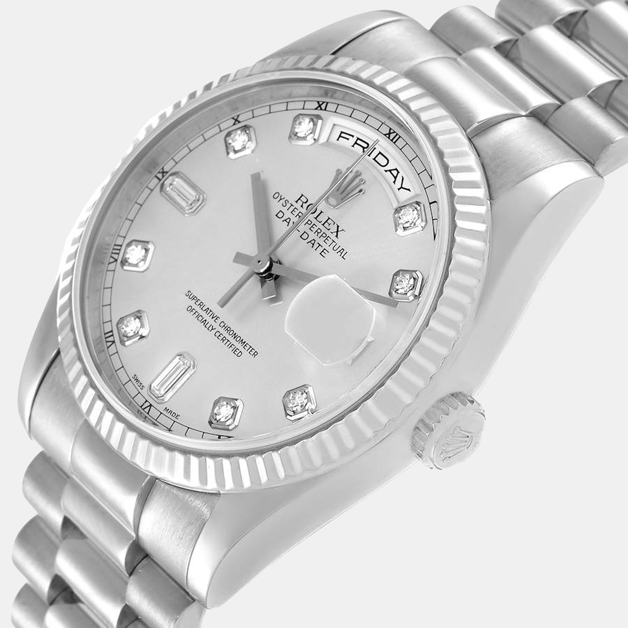

Rolex Silver Diamonds 18k White Gold Day - Date President 118239 Automatic Men's Wristwatch 36 mm