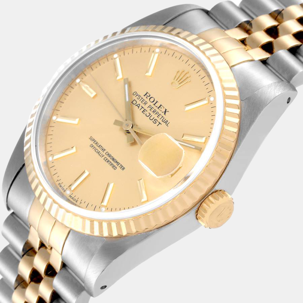 

Rolex Champagne 18k Yellow Gold And Stainless Steel Datejust 16233 Automatic Men's Wristwatch 36 mm