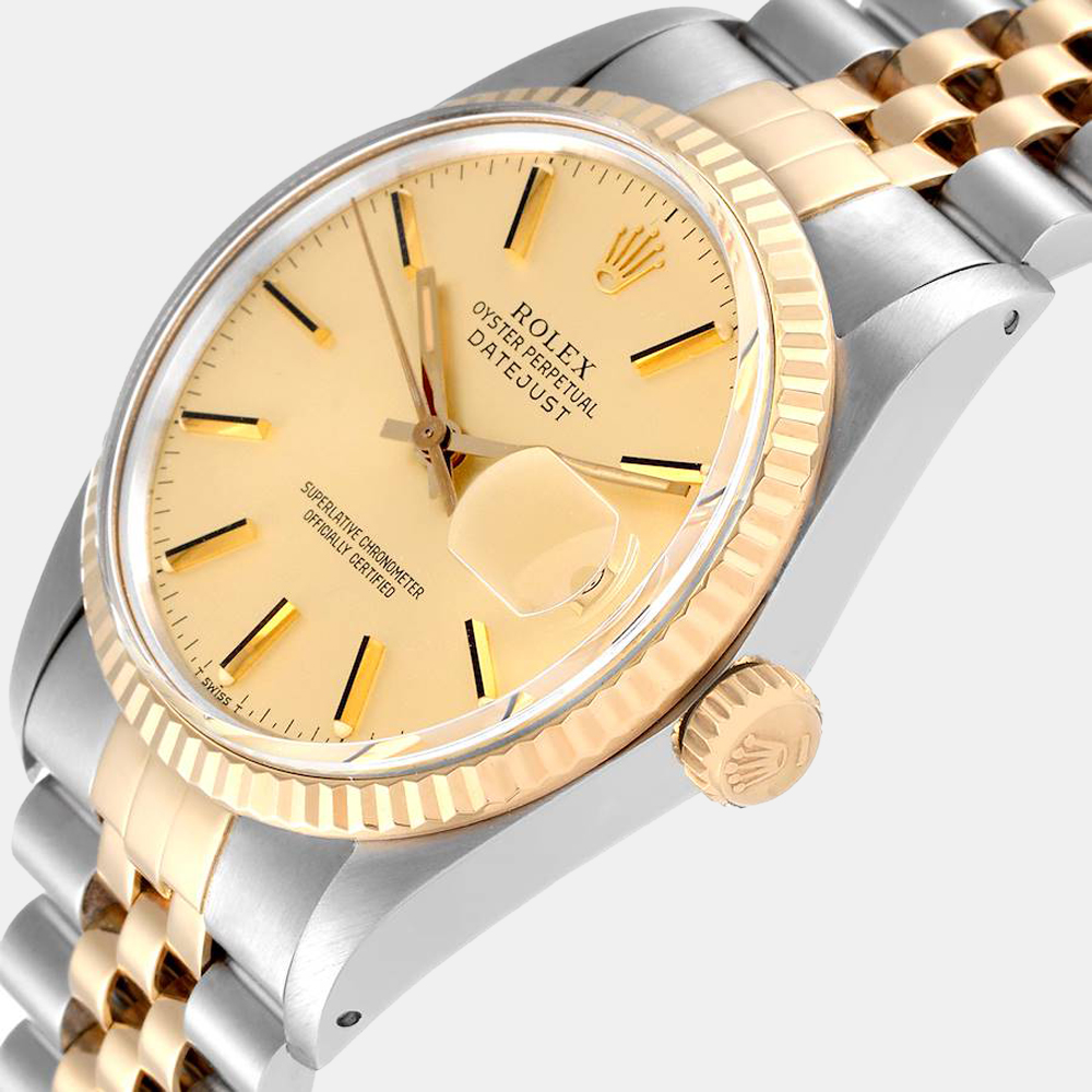 

Rolex Champagne 18k Yellow Gold And Stainless Steel Datejust 16013 Automatic Men's Wristwatch 36 mm