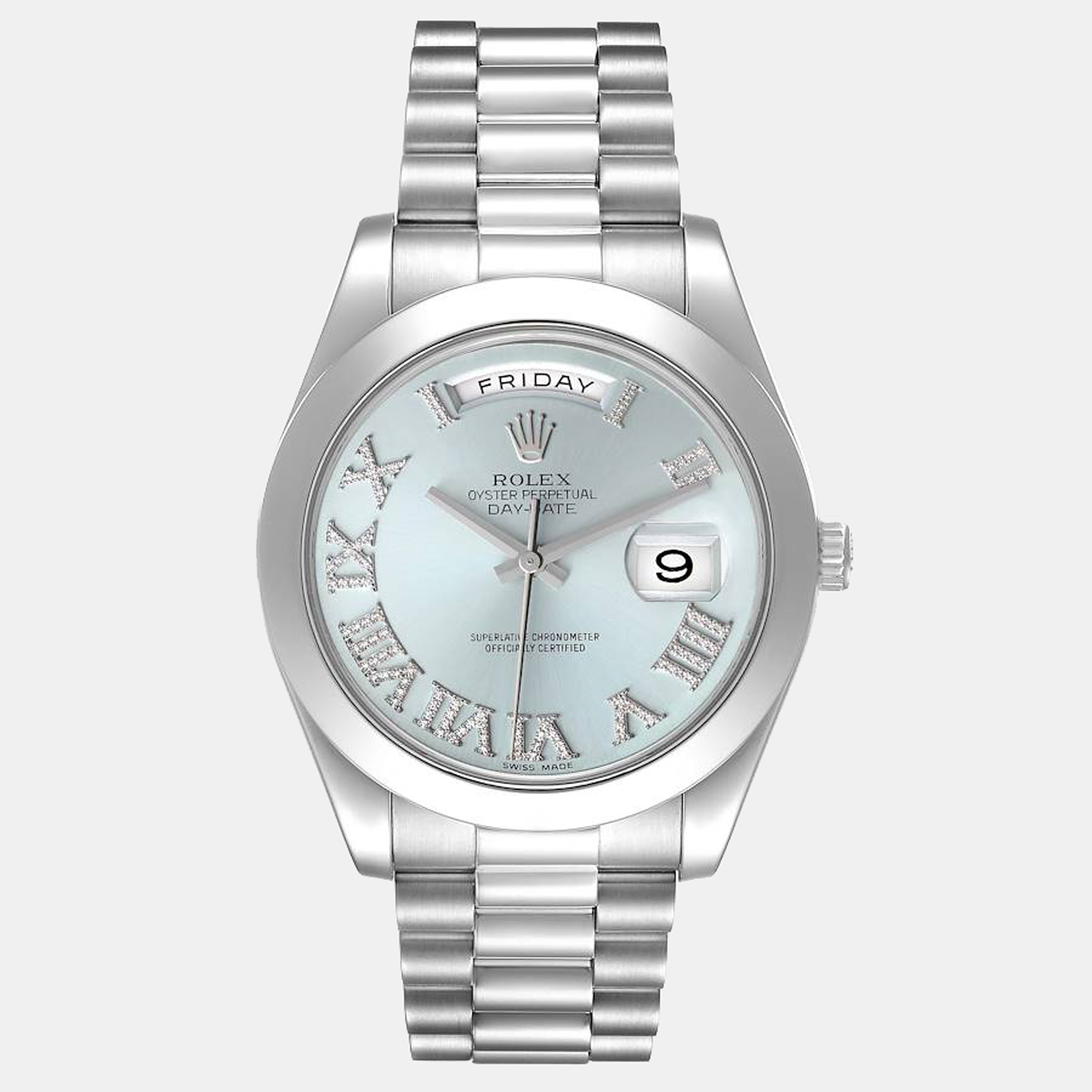 Pre-owned Rolex Blue Diamonds Platinum Day Date President 218206 Automatic Men's Wristwatch 41 Mm