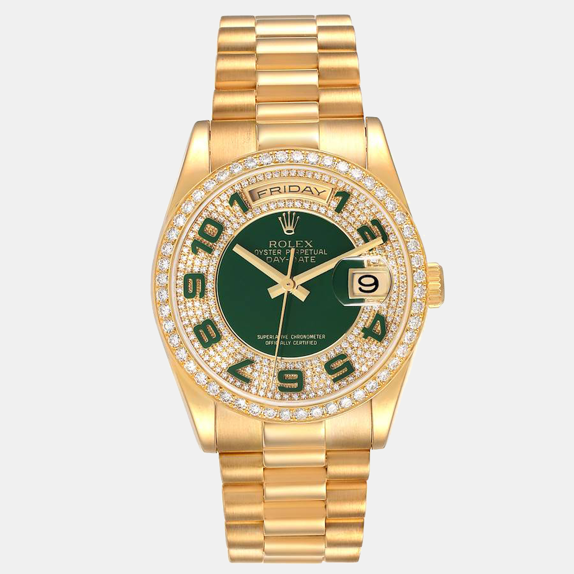 Rolex Green Diamonds 18K Yellow Gold Day - Date President 118348 Men's Wristwatch 36 mm