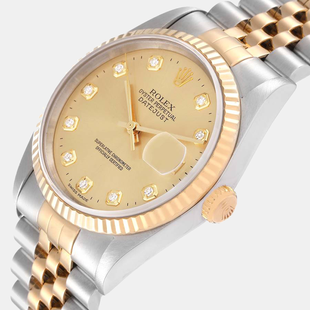

Rolex Champagne Diamond 18k Yellow Gold And Stainless Steel Datejust 16233 Automatic Men's Wristwatch 36 mm