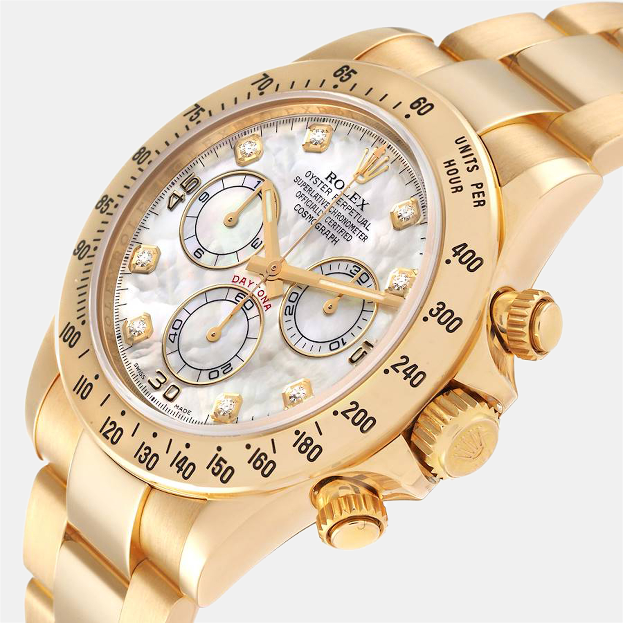 

Rolex MOP Diamonds 18K Yellow Gold Cosmograph Daytona 116528 Automatic Men's Wristwatch 40 mm, White