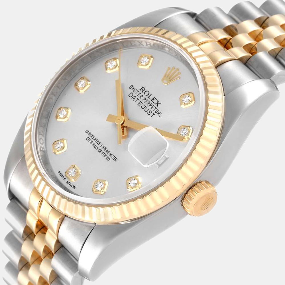 

Rolex Silver Diamond 18k Yellow Gold And Stainless Steel Datejust 116233 Automatic Men's Wristwatch 36 mm