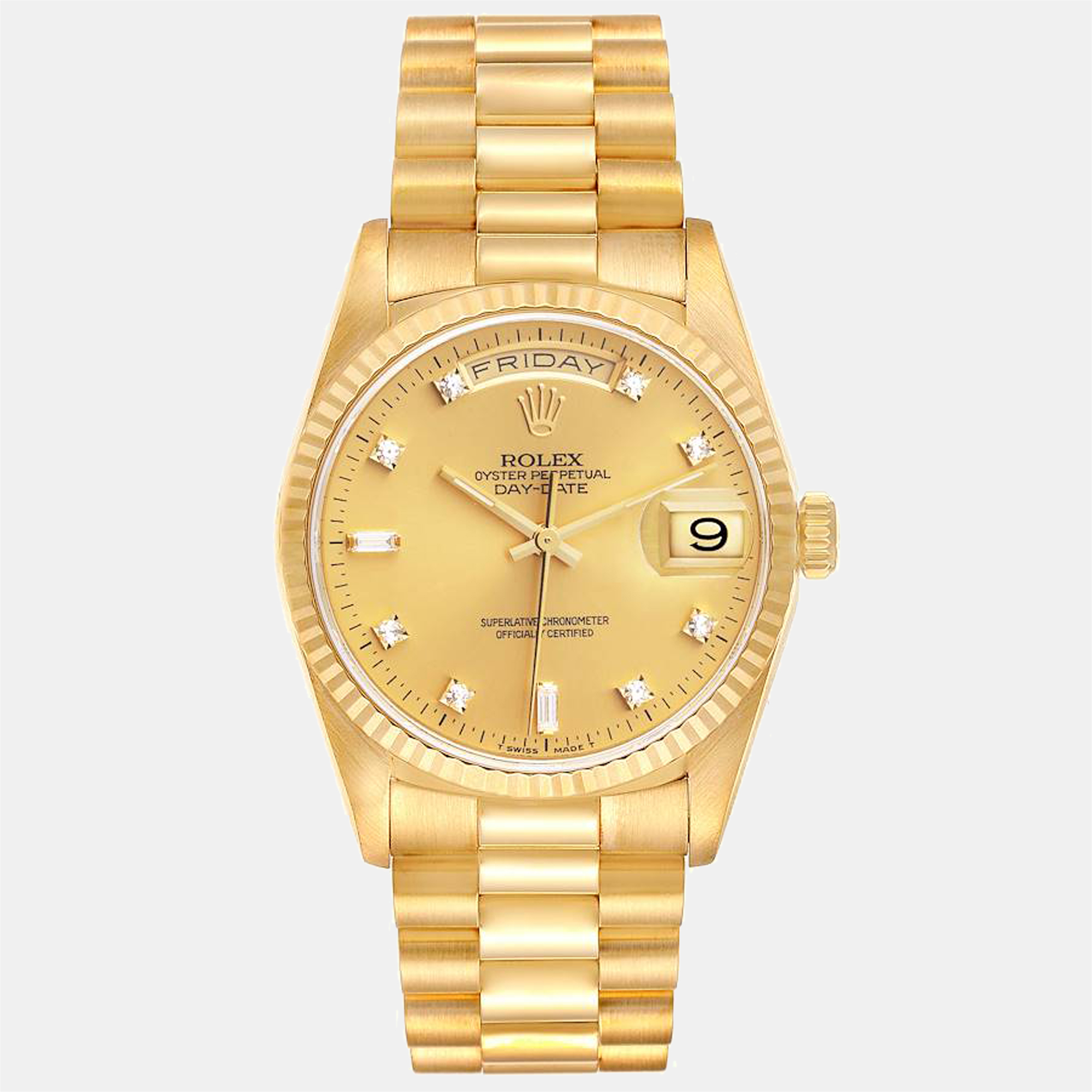 Pre-owned Rolex Champagne Diamonds 18k Yellow Gold President Day-date 18238 Automatic Men's Wristwatch 36 Mm